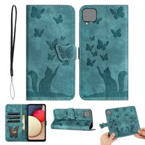 Wallet Case Designed for Samsung Galaxy A42 5G for Women,Flip Folio Cover with Butterfly Embossed PU Leather Kickstand Credit Card Holder Slots Magnetic Wrist Strap Phone Case, Green