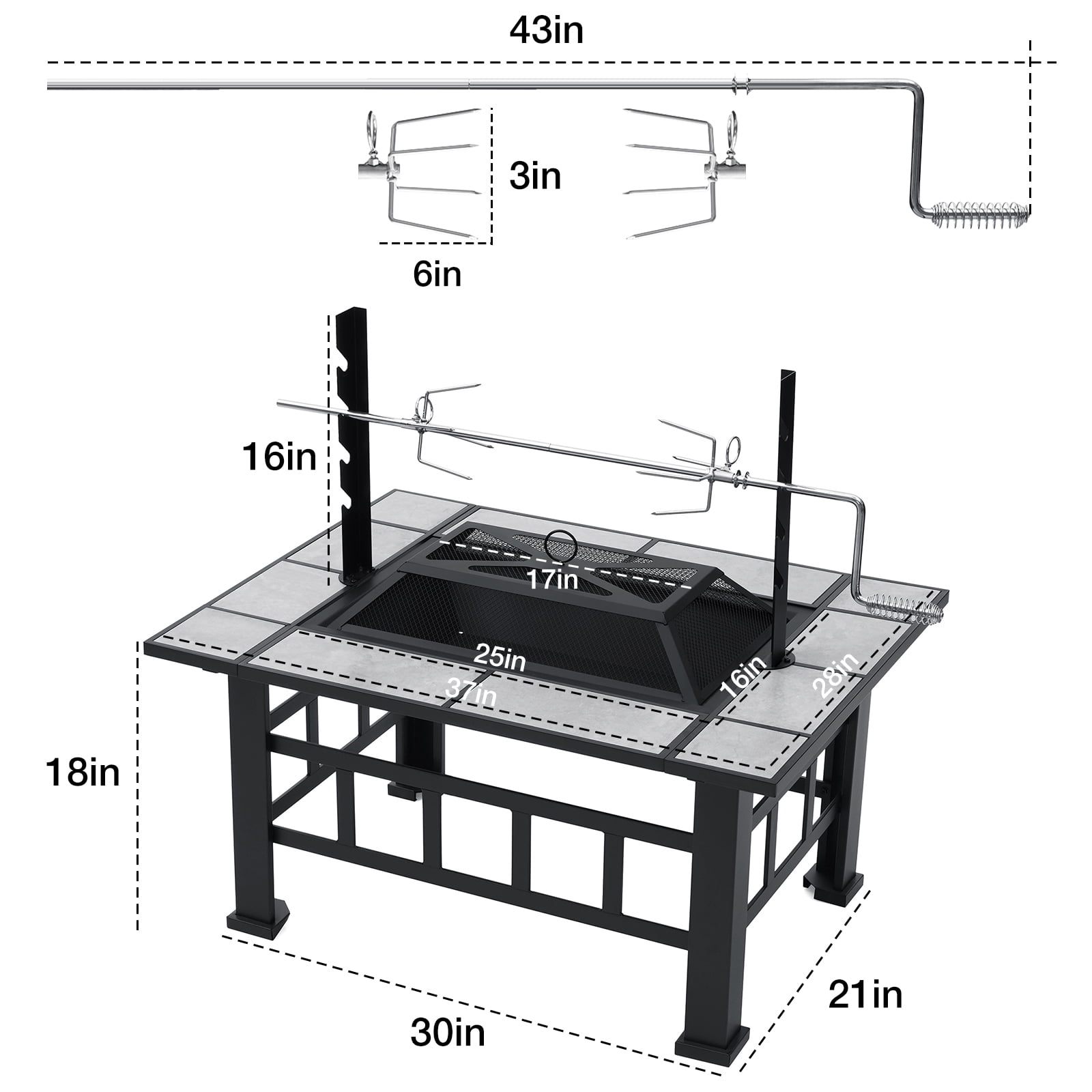 SinglyFire 37 Inch Fire Pit, Square Metal Wood Burning Fire Pit with BBQ Grill Grate & Tile Top Lid for Outdoor, Camping, Patio Heating