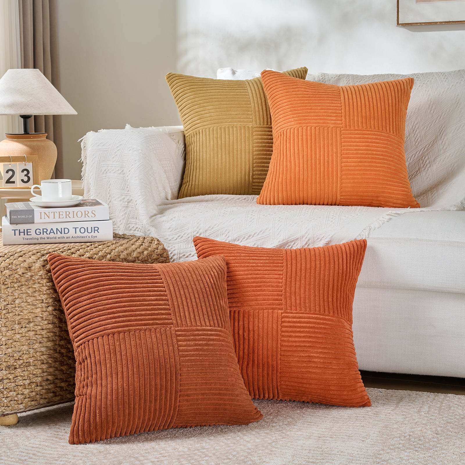 Fancy Homi Set of 4 Boho Fall Decorative Throw Pillow Covers 16x16 inch for Couch Bed Sofa Bedroom, Modern Farmhouse Home Decor, Soft Cross Striped Corduroy Patchwork Colorful Cushion Case 40x40cm