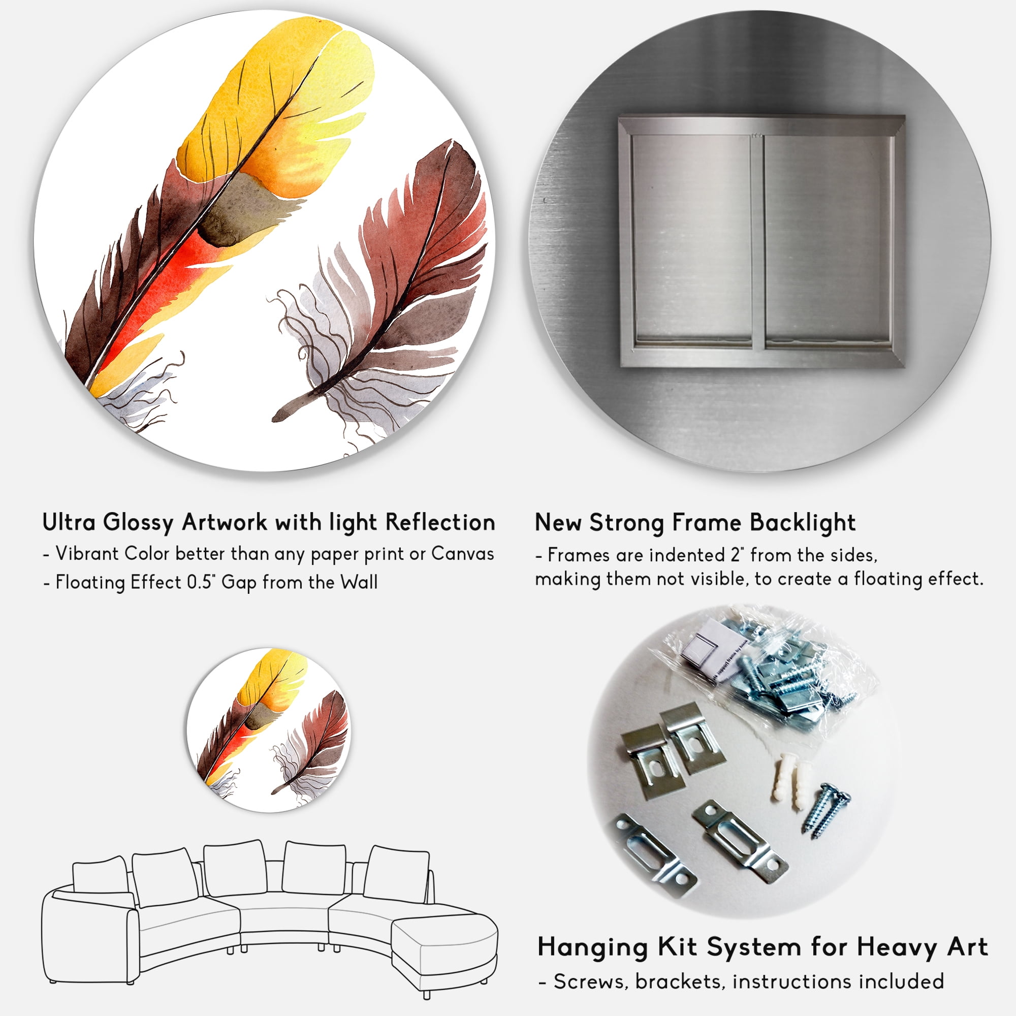 Designart 'Colourful Boho Art Feathers IV' Bohemian & Eclectic Circle Metal Wall Art 11x11 - Disc of 11
