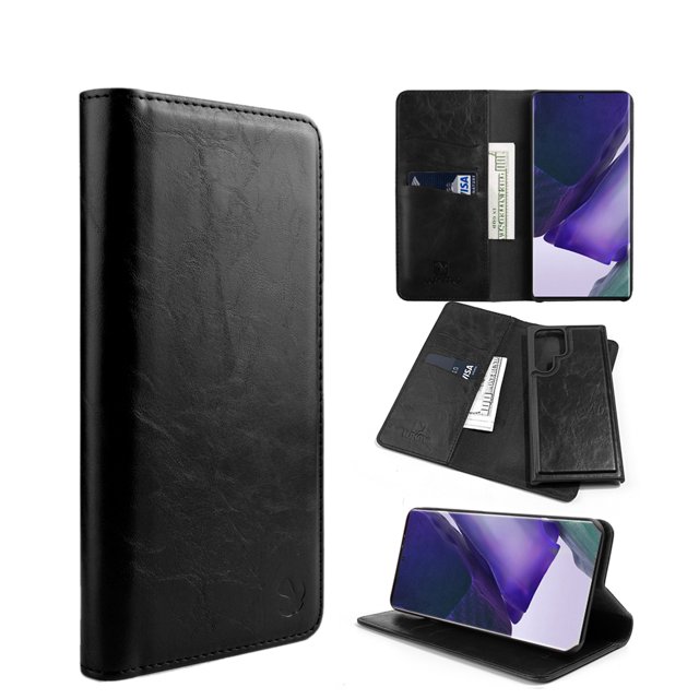 PU Leather Secure Protective Cash Card Holder Wallet Flip Cover Case with Removable Back Cover for Samsung Galaxy S23 Ultra