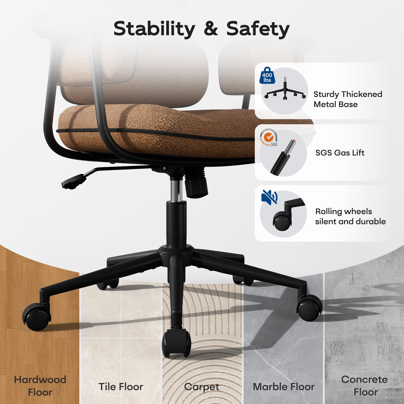 Genpo Desk Chair with Wheels and Arms, Brown Linen Fabric Executive Office Chair with Memory Foam Wide Seat, Padded Arms, Lumbar Support and Adjustable Height