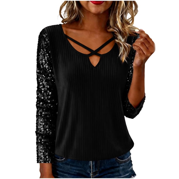 Xuyuer Women's Sequined Patchwork Long Sleeve V-Neck Top, Glamorous Evening Blouse for Parties, Holiday Events and Special Occasion Statement Outfits