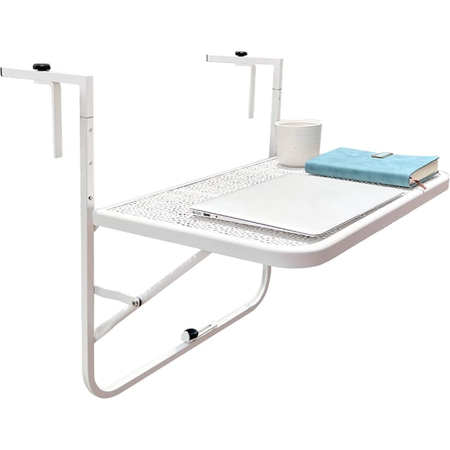 Folding Balcony Hanging Table Outdoor Folding Railing Table, 3 Height Adjustable and Foldable Space Saving, Width from 0.19 inch to 4.92 inch, Suitable for Patio, Balcony and Deck White