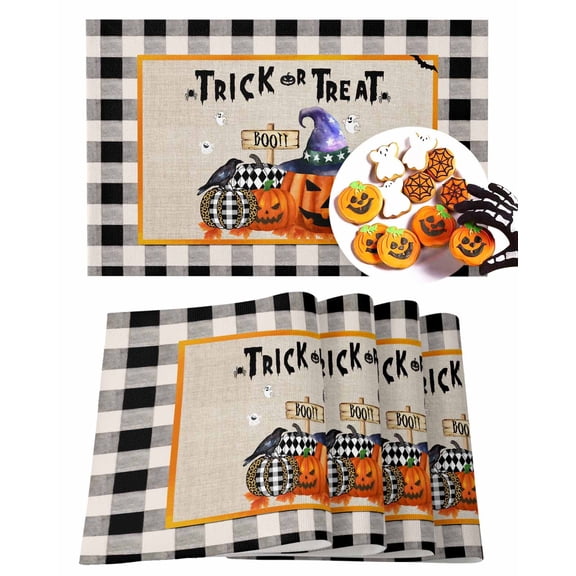 Halloween Placemats Set of 6 Crow Witch Hat Pumpkin Place Mats Fall Placemat Boo Bats Ghost Black Plaid Table Mats for Dining Kitchen Table Holiday Dinner Party Home Decorations 13x19 Inch