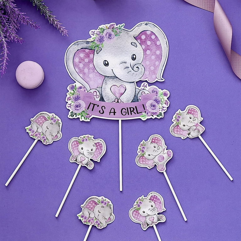 Joymemo Purple Elephant Baby Shower Cake Decorations, It's a Girl
