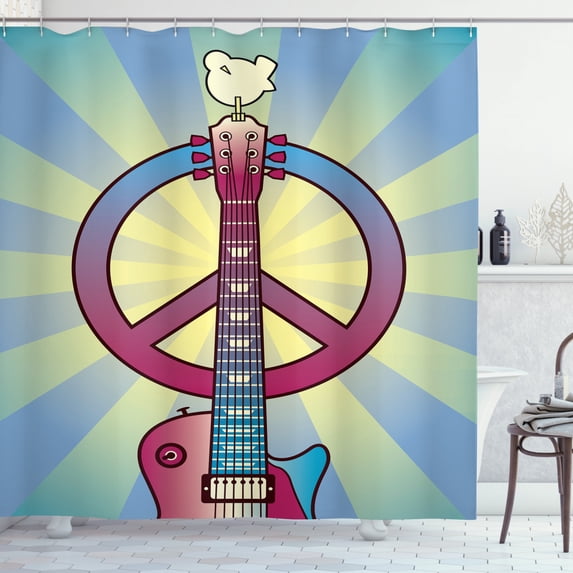 Hippie Shower Curtain, Illustration of a Guitar Peace Symbol and Dove Dedicated to the Woodstock Festival, Fabric Bathroom Set with Hooks, 69W X 84L Inches Extra Long, Multicolor, by Ambesonne