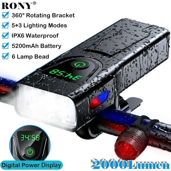 RONY 2000 Lumen Bike Light Set for Night Riding: USB Rechargeable Bike Headlight with Taillight, 5200mAh Lithium Battery, IPX6 Waterproof, 3 5 Light Modes