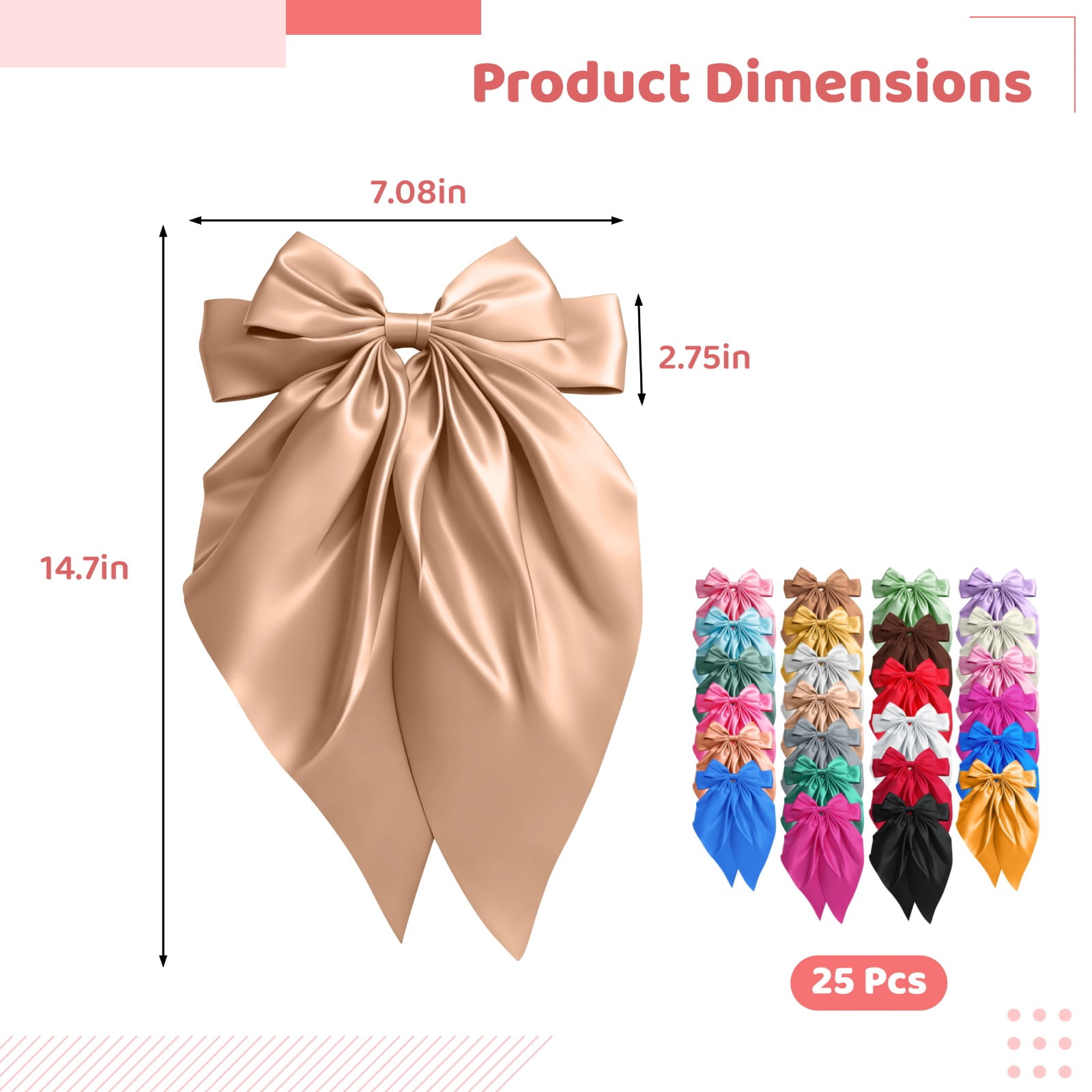 25 Pcs Satin Hair Bows, Silky Big Bow Hair Clips, Large Ribbon Bow Barrettes with Long Tails, Solid Color Clip Accessories for Women, Elegant Decorative Hairpieces for Daily Wear, Parties
