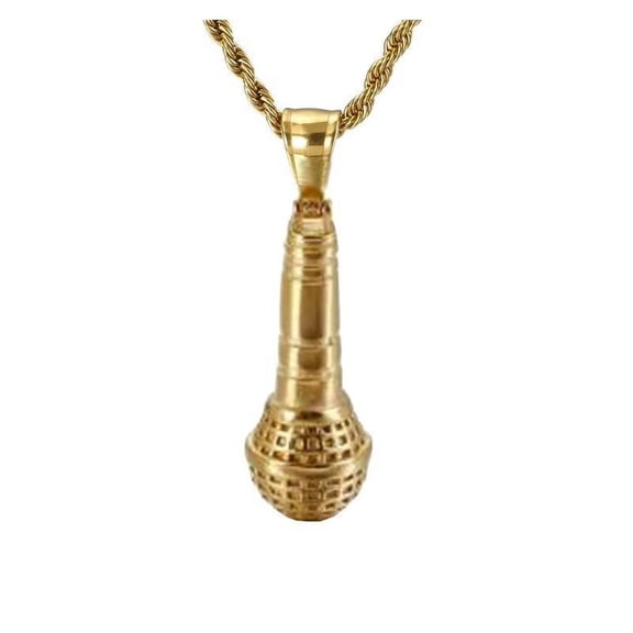 PAMTIER Men Stainless Steel Vintage Punk Hip Hop Non-mainstream Rock Music Karaoke Singer Microphone Pendant Necklace Gold with Chain