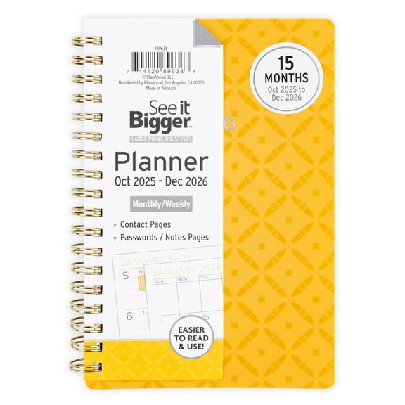 See it Bigger Small Monthly Weekly Planner 15-Month, Oct 2025-Dec 2026