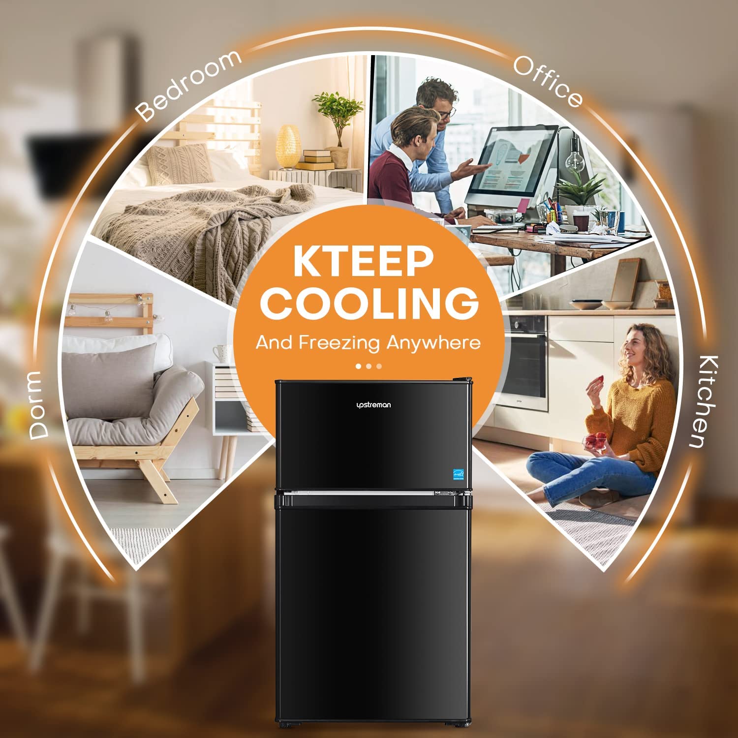 Upstreman Double Door Mini Refridgerator, Jet Black