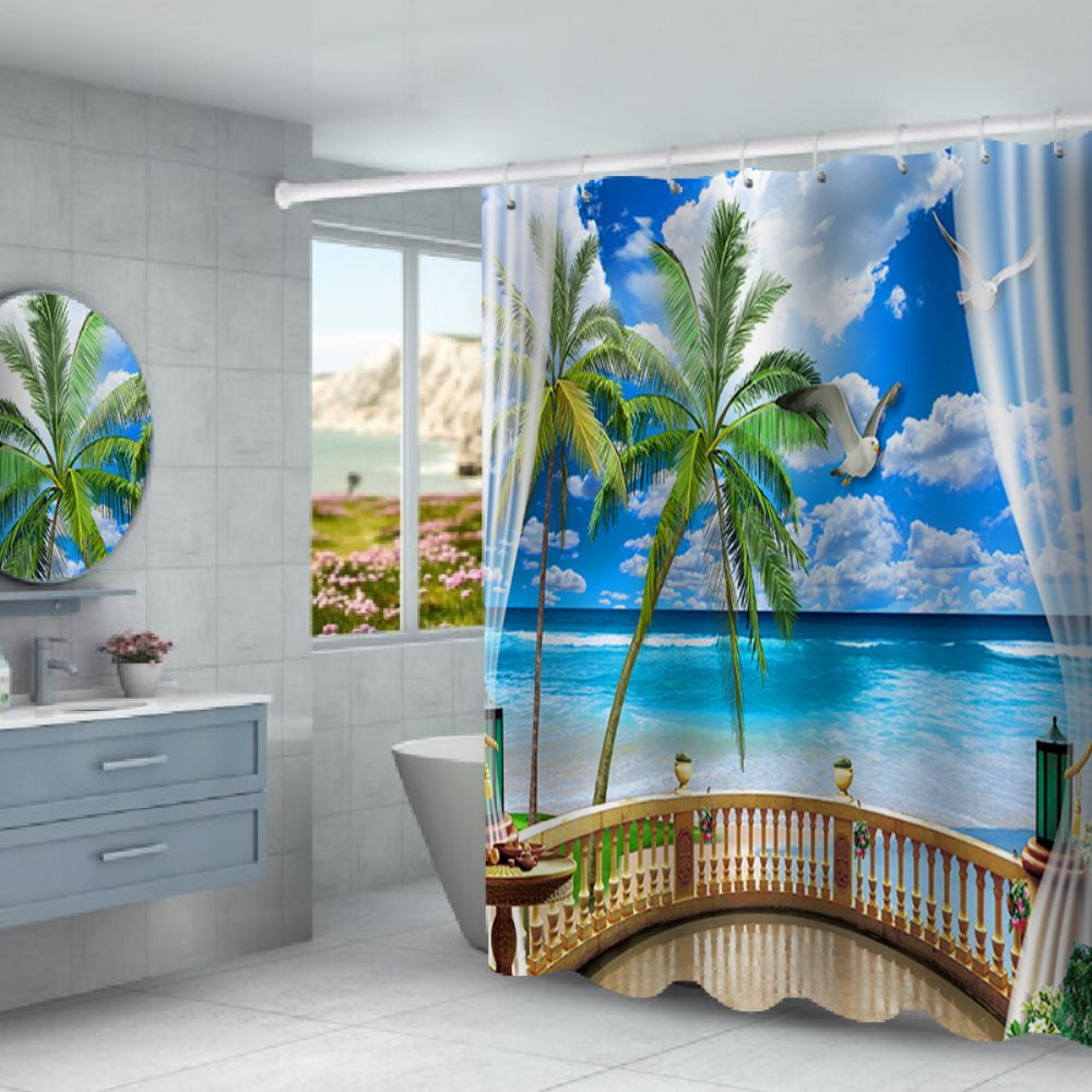 Beach and coconut trees Bathroom Shower Curtain Waterproof Fabric w/12 Hooks 