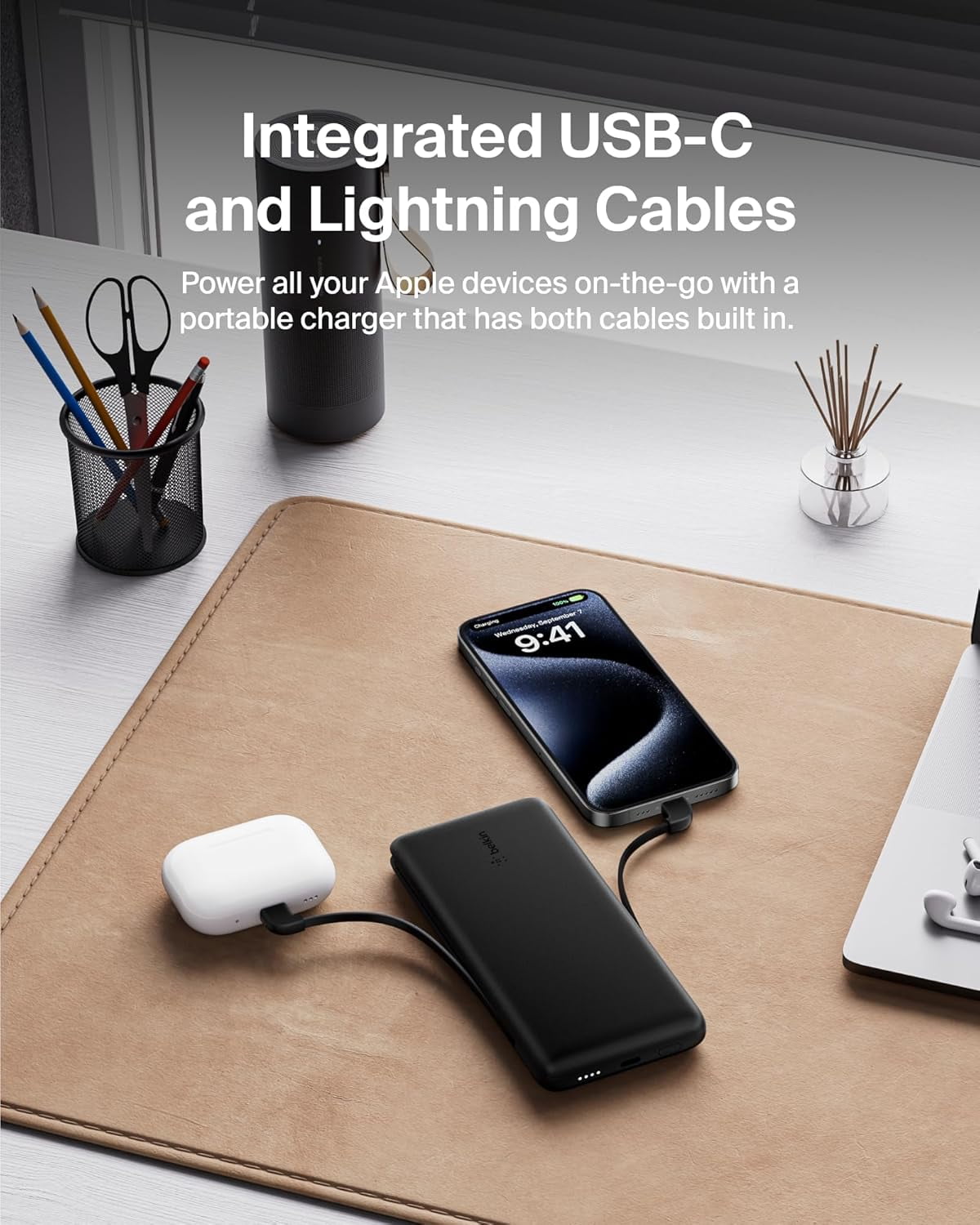 Belkin Power Bank, BoostCharge Plus 10k mAh Portable Charger w/Integrated Lightning Cable & USB-C Cable - iPhone Charger - Battery Pack for iPhone 16 Pro Max, iPhone 16, iPhone 15, iPhone 14 - Black