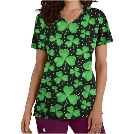

LWZWM St. Patrick s Day Scrub Tops for Women Print Short Sleeve V Neck Medical Nurse Uniform with Pockets Saint Patricks Day Shirts Short Sleeve V Neck Tops Uniform Blouse Nursing Green XL