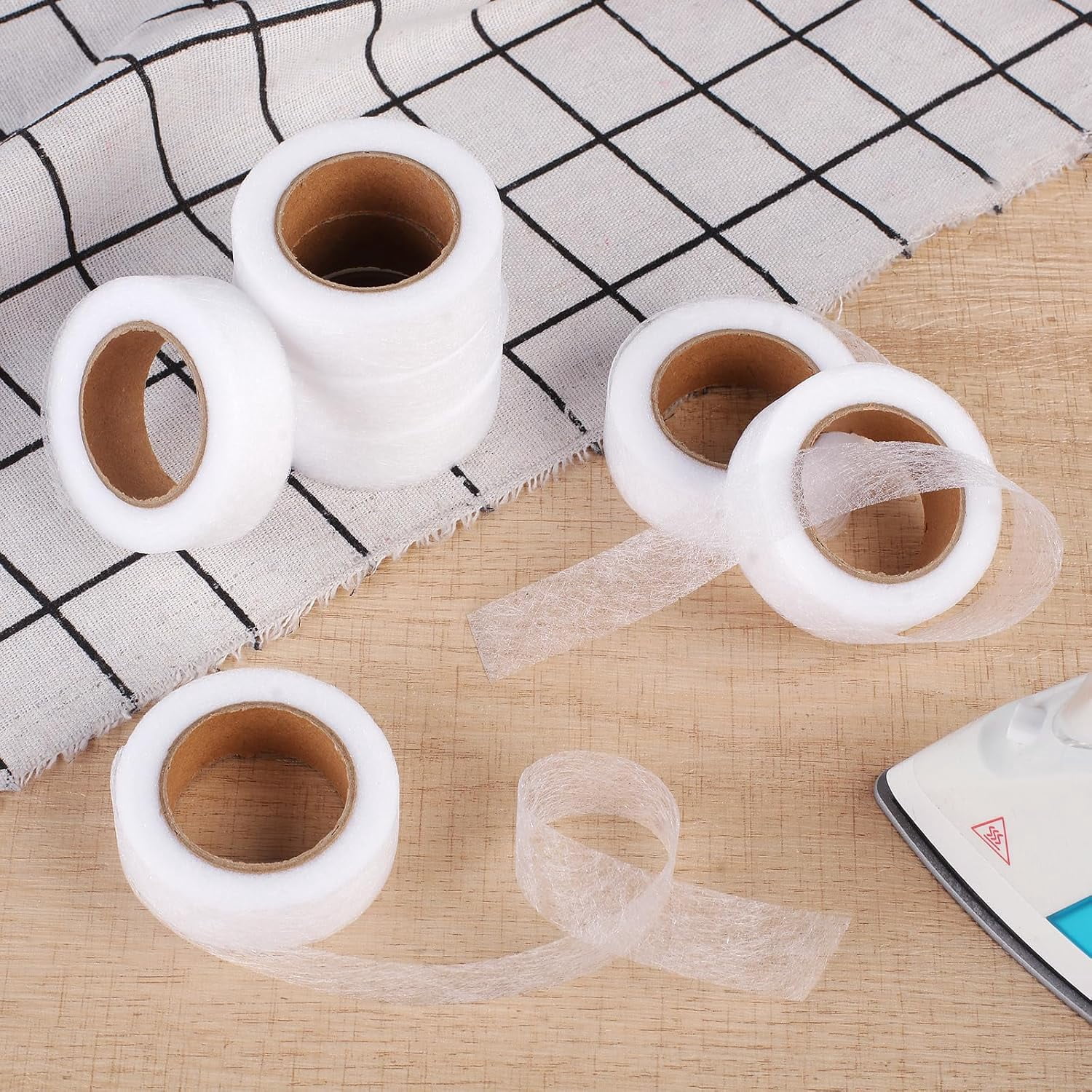 No Sew Hemming Tape Fabric Adhesive, 6 Rolls 0.75 Inch x70 Yards Iron On Hem Tape for Clothes Pants Dresses Curtains, White & Black