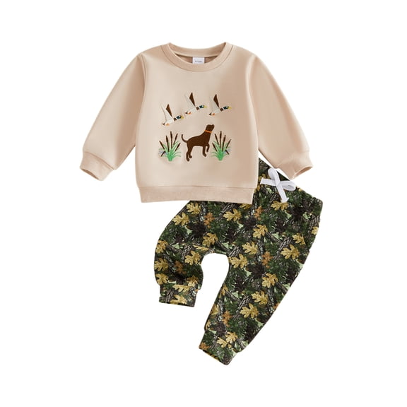 Miaouyo Toddler Baby Boy Fall Outfit Embroidered Long Sleeve Sweatshirt Camo Pants