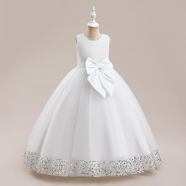 LOVZFMLL Robe d'Été Unie à Manches Courtes Col Rond en Maille Princesse Robe de Mariage pour Enfants
