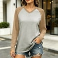 thumbnail image 2 of Color Block Raglan Sleeve V Neck Contrast Dark Green Sleeve Curved Hem Long Sleeve Casual Baseball Tee for Women Spring Fall Basic Layering Top, 2 of 7