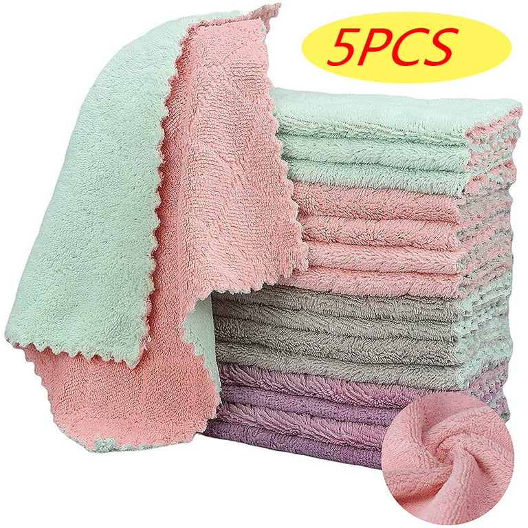 5pcs Wave Coral Fleece Kitchen Cleaning Cloth Thickened Absorbent Non  Shedding Dishwashing Towels