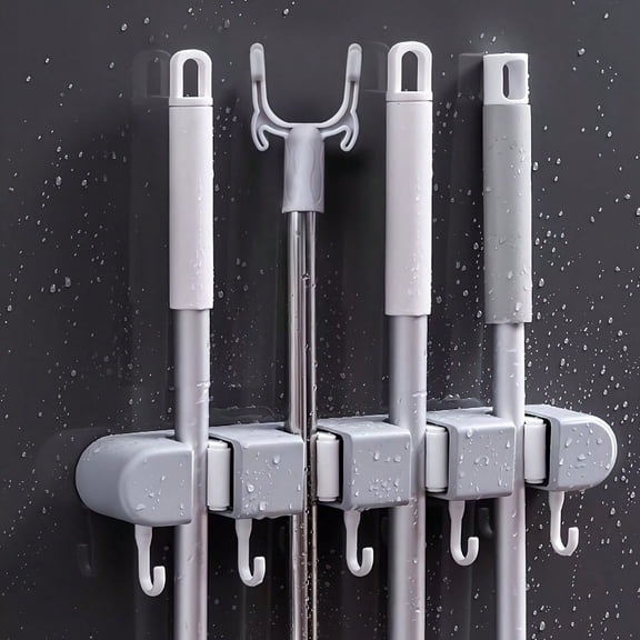 Wall Mounted Mop and Broom Holder, No-Drill Cleaning Tool Organizer with Hooks