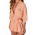 thumbnail image 3 of Women'S Collar V Neck Button Down Pleated 3/4 Sleeve Mini Shirt Dress with Belt Peach L, 3 of 9