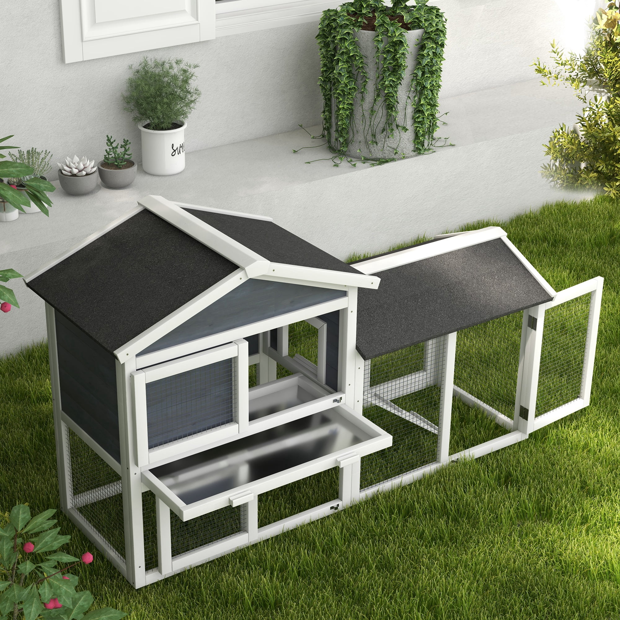 PawHut 58" Wooden Rabbit Hutch with Run, Removable Tray, Asphalt Roof, Gray