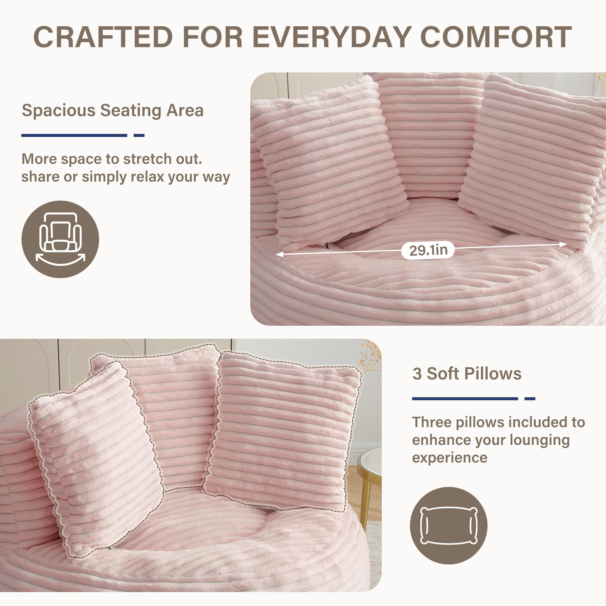 YINIX Oversized Bean Bag Chair with Backrest and Cushion, Cozy Round Floor Sofa for Living Room, Pink