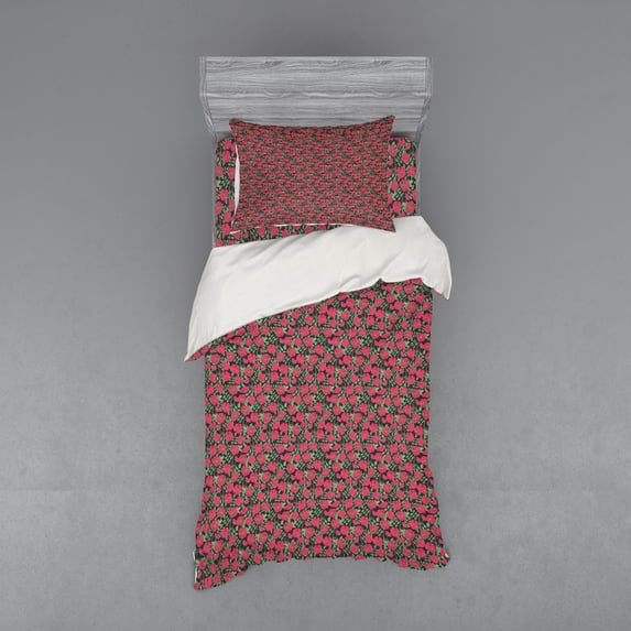 Floral Duvet Cover Set, Rose Canina Flower Continuous Feminine Pattern, Bedding Set with Shams and Fitted Sheet, 3 Sizes, by Ambesonne