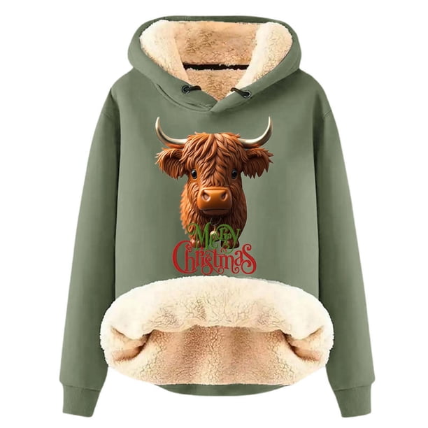 WILLBEST Sudadera Deportiva para Mujer con Capucha y Estampado Navideño de Vaca XXXX-Grande
