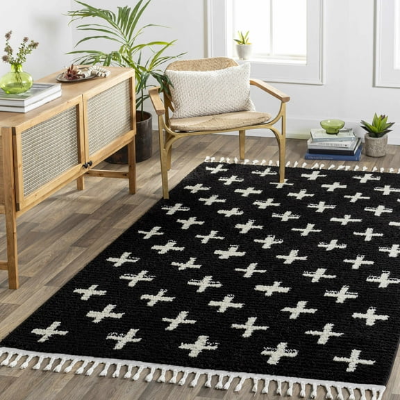 Hauteloom Maryvale Living Room, Bedroom Area Rug - Bohemian, Transitional - High Pile - Light Peach, Black, Medium Gray - 5'3" x 7'