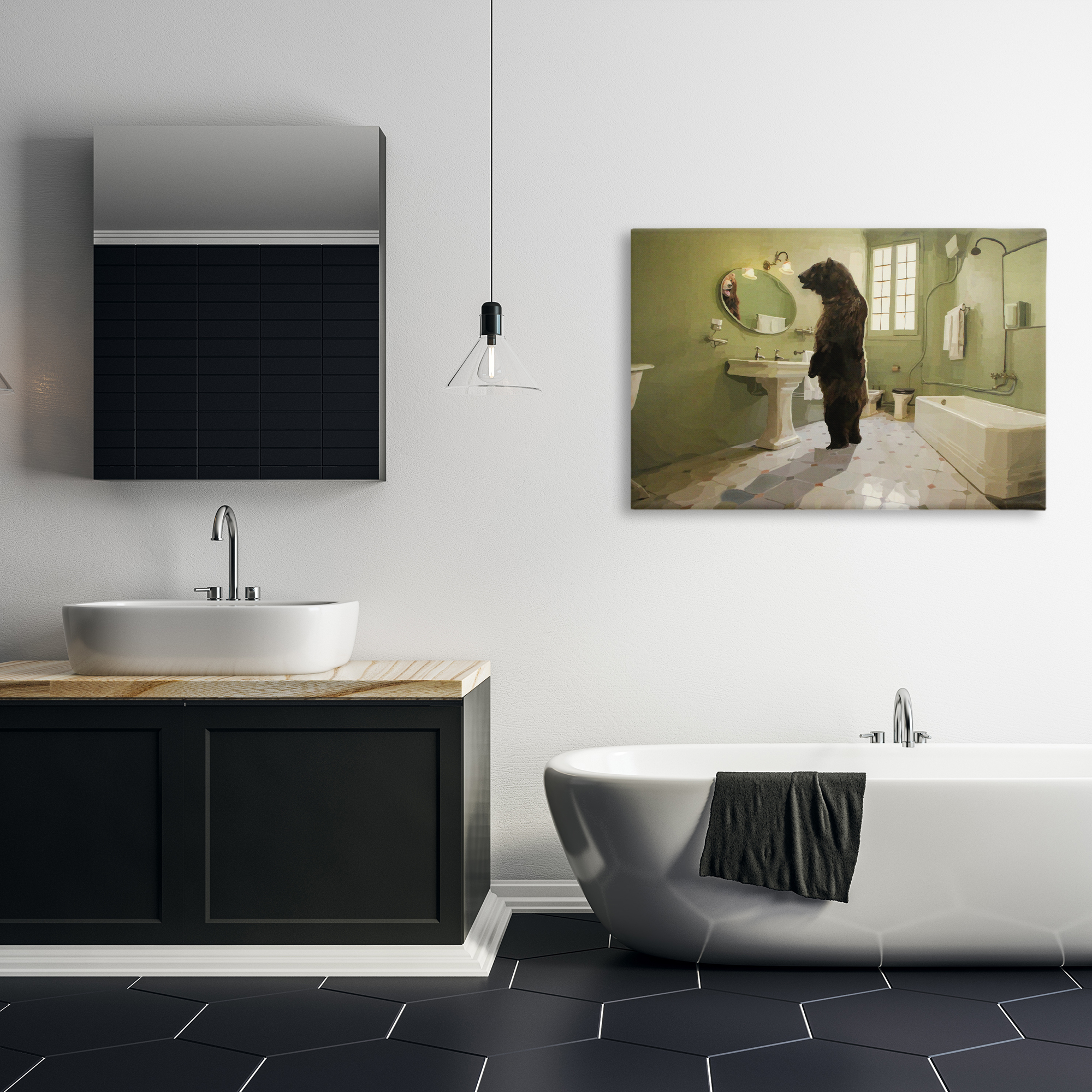The Houseguest Bear in Bathroom Canvas Wall Art, design by Keith Thomson