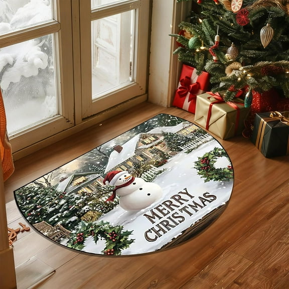 CaiYueKe Half Round Doormat Non-Slip Area Rug, Snowman Merry Christmas New Year Holiday Circle Door Mats Entryway Floor Rug Indoor for Kitchen Living Room Bathroom,20 x 24 Inch
