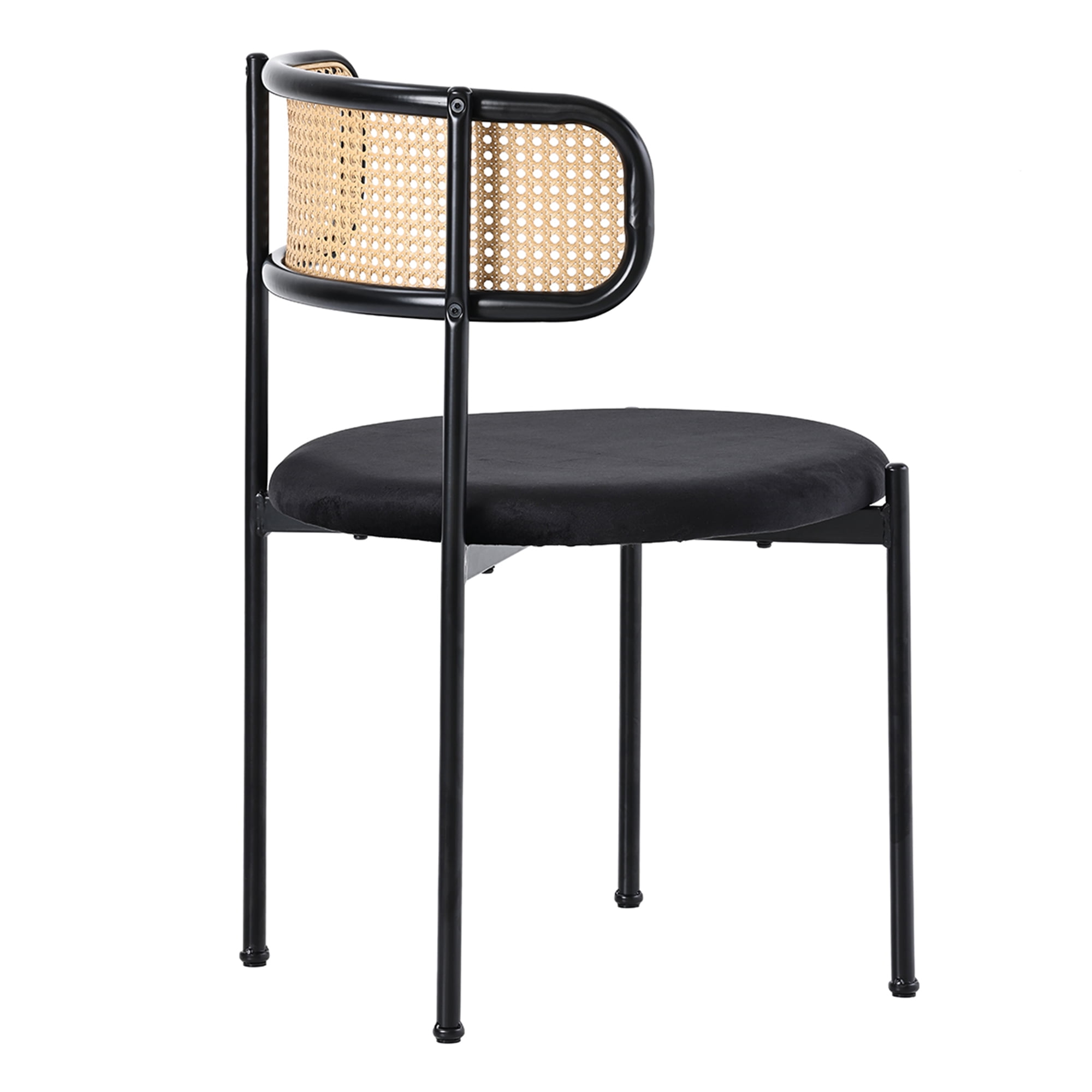 Noble House Set of 4 Velvet Dining Chairs with PE Rattan Backrest, Sturdy Metal Legs,Black+Natural