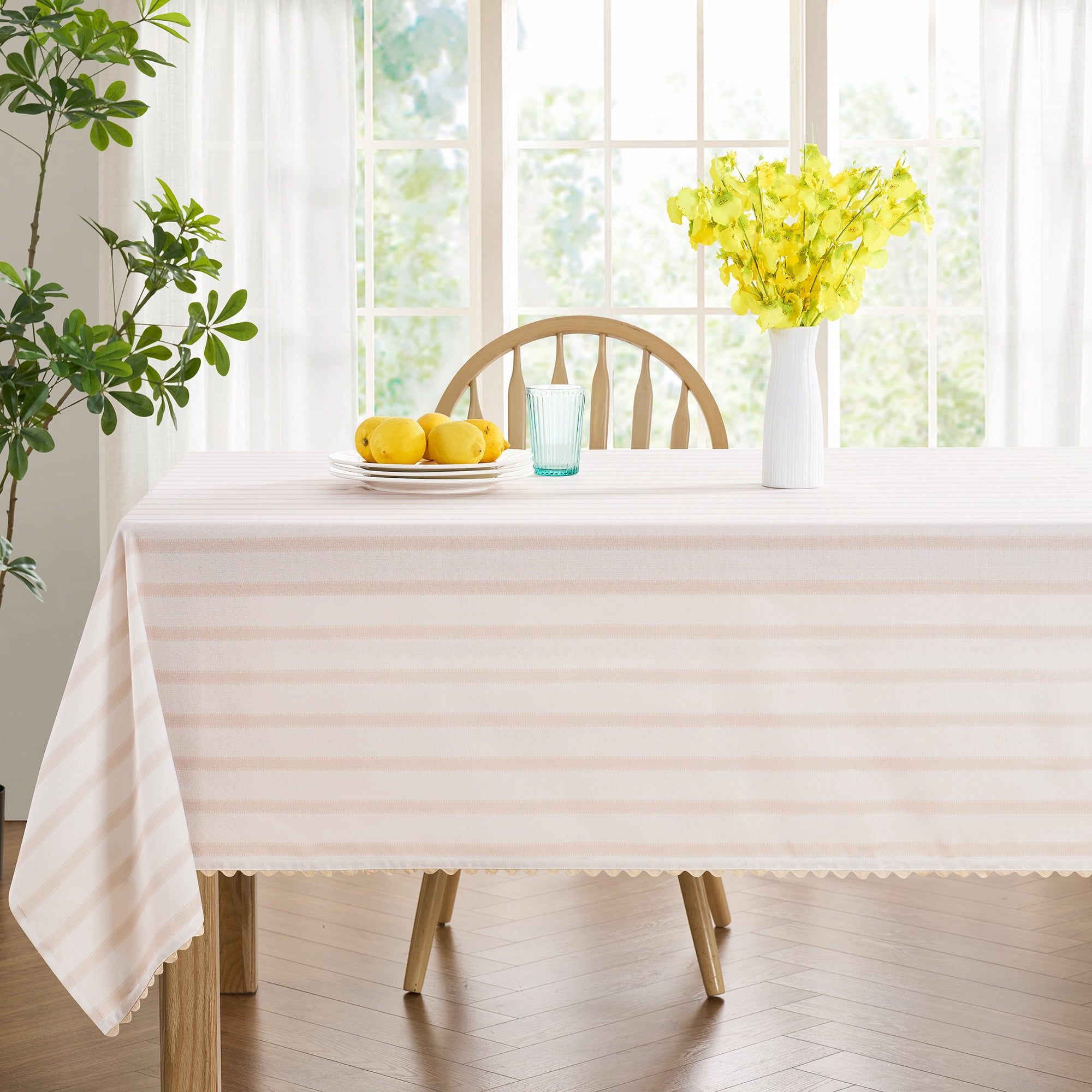 Mainstays by Becky G. & Alejandra Fabric Tablecloth, Beige Stripe, 60" x 102"