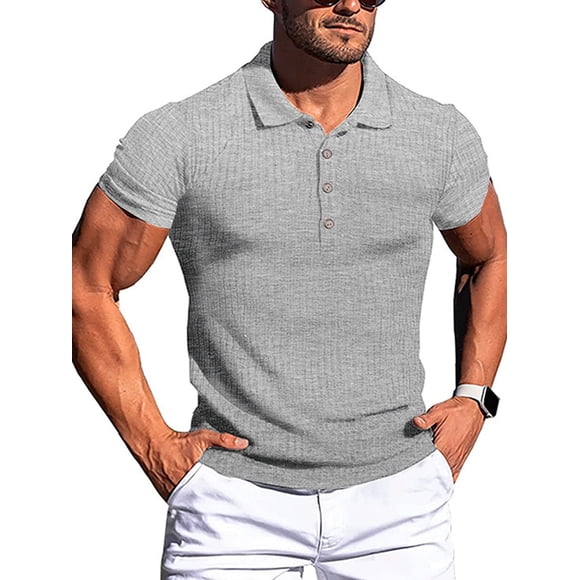 Tenmix Polo à Boutons pour Homme, Haut d'Été Décontracté à Manches Courtes, T-Shirt de Plage Côtelé, Gris Pâle, S
