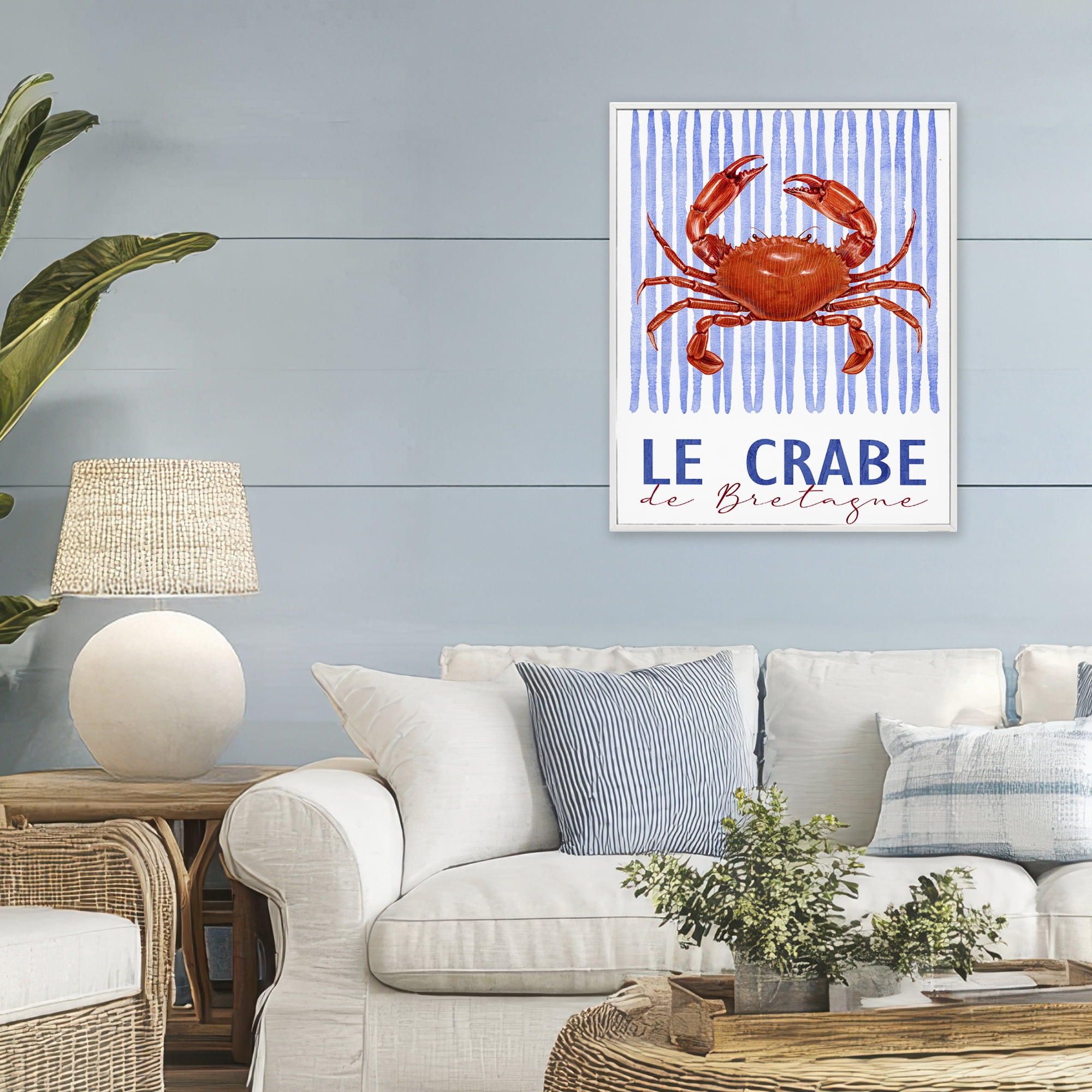 Stupell Industries Le Crabe Nautical Stripes White Framed Giclee Art, design by Kim Allen