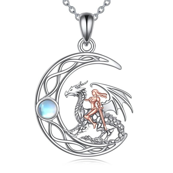 Dragon Necklace Sterling Silver Celtic Moonstone Dragon Pendant Crescent Moon Animal Jewelry Gifts for Women