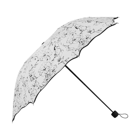 Women Lady 3 Folding Parasols Anti-UV Windproof Sun Rain Protection Umbrella(Black Pattern)