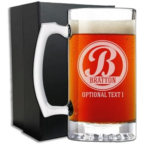 Personalized Etched Monogram 25oz Glass Beer Mug- Father's Day, Monogram, Customized Name, Custom Beer Gifts for Men, Birthday gifts for HIm, Engraved Stein, Bratton$$Home Decor, Kitchen, & Other