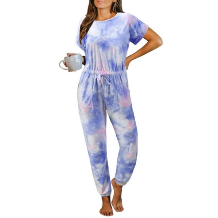 

Eytino Woman Tie Dye Pajamas One Piece Short Sleeve Jumpsuits Loungewear Pjs Nightwear with Pockets