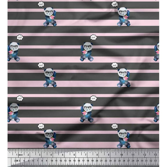 Soimoi Gray Cotton Voile Fabric Panda & Stripe Print Fabric by the Yard 42 Inch Wide