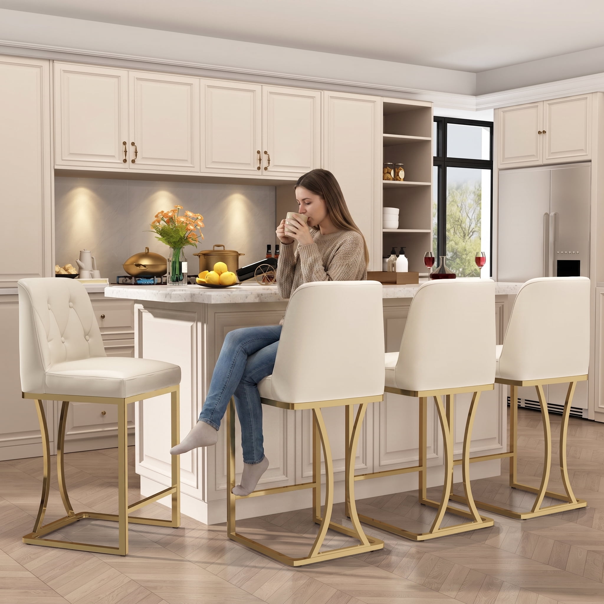 iooHug Set of 4 White Bar Stools, 24" Counter Height Bar Stools, PU Leather Kitchen Island Stools with Back and Gold Footrest, Modern Bar Chairs for Dining Room or Home Bar