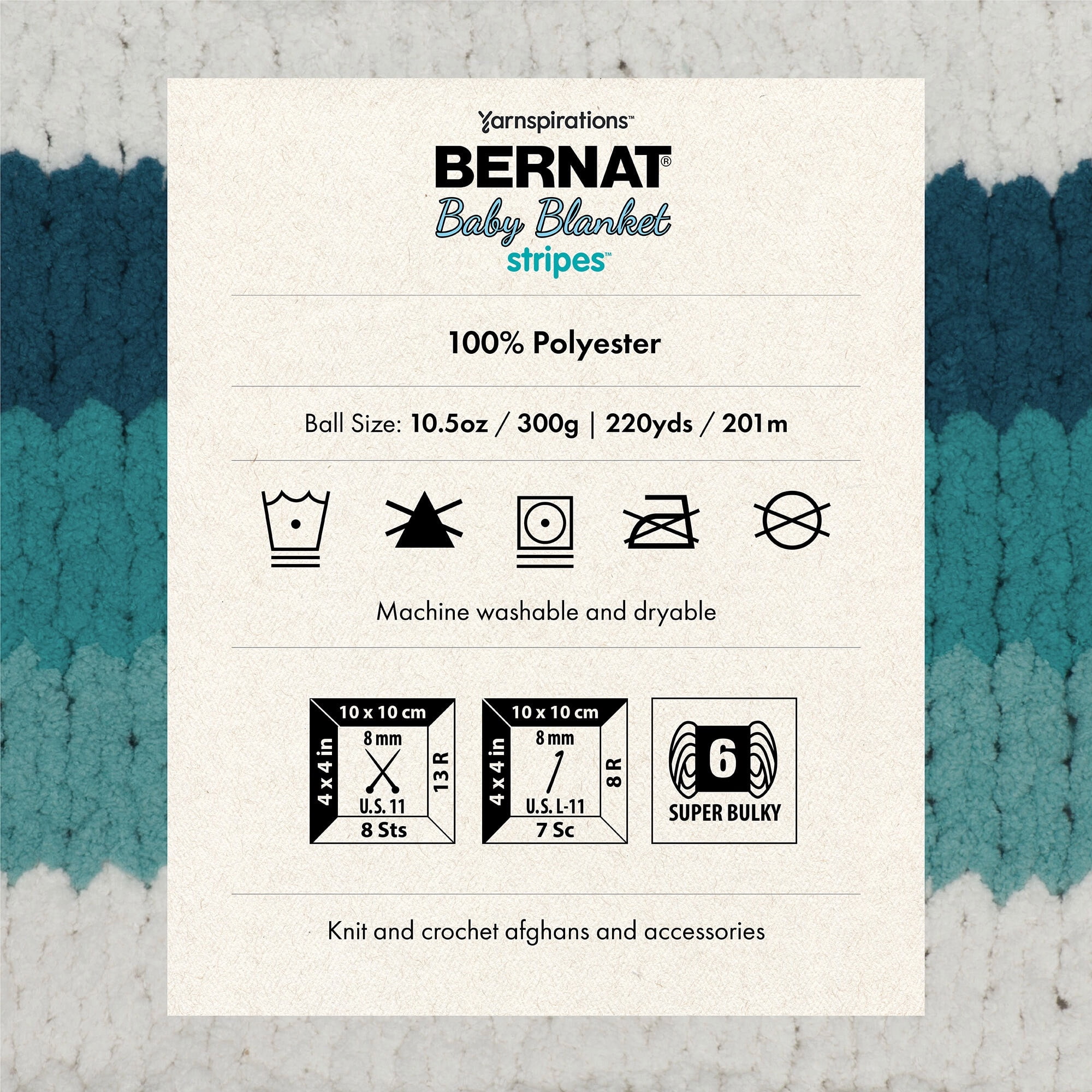 Bernat® Baby Blanket Stripes™ Yarn, Polyester #6 Super Bulky, 10.5oz/300g, 220 Yards, Polyester #6 Super Bulky Yarn