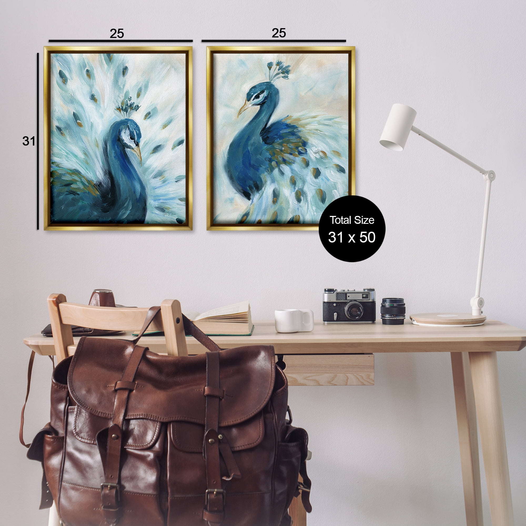 Stupell Industries Gentle Pretty Peacocks Animals Painting Gold Floater Framed Canvas Art Print Wall Art, 31 x 25, Set of 2