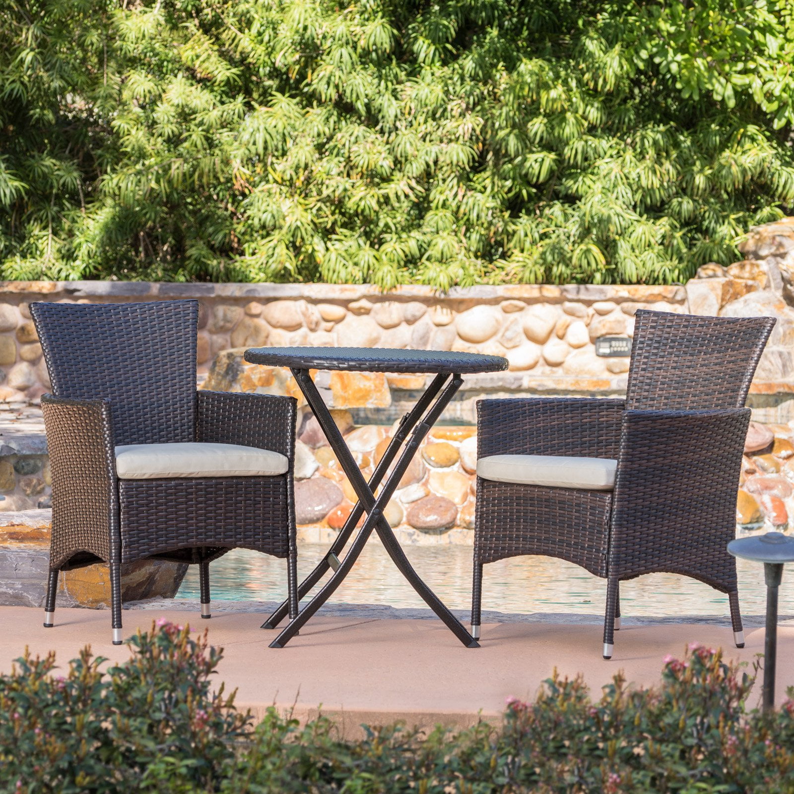Malaga 3pc All-Weather Wicker Patio Bistro Set - Brown - Christopher Knight Home: Weather-Resistant, Cushioned Chairs