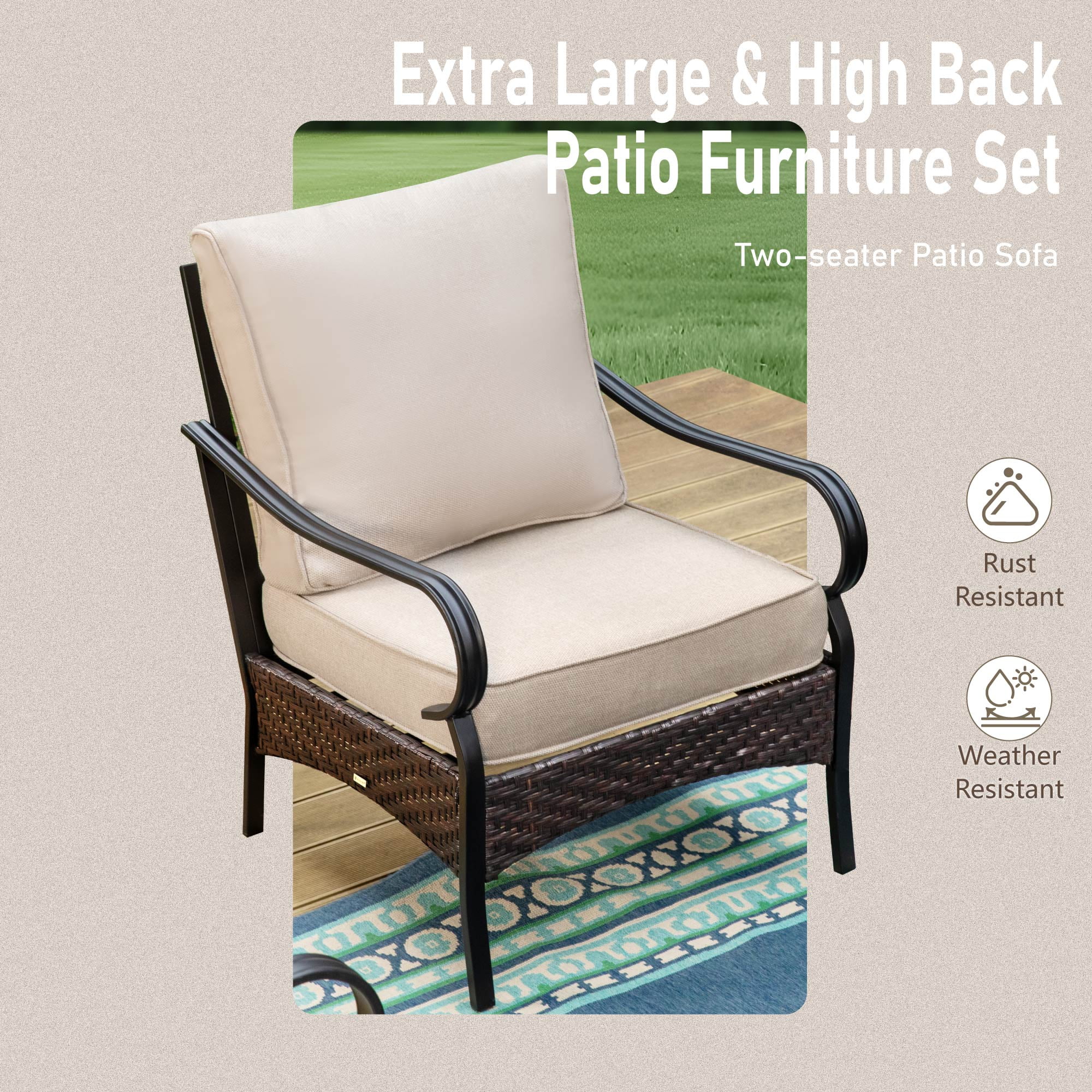 9-Seat Outdoor Patio furniture Set with 56” Fire Pit Table, Patio Fire Pit Set with Rocking Chairs & Ottomans, 8-Piece Outdoor Conversation Set, Beige