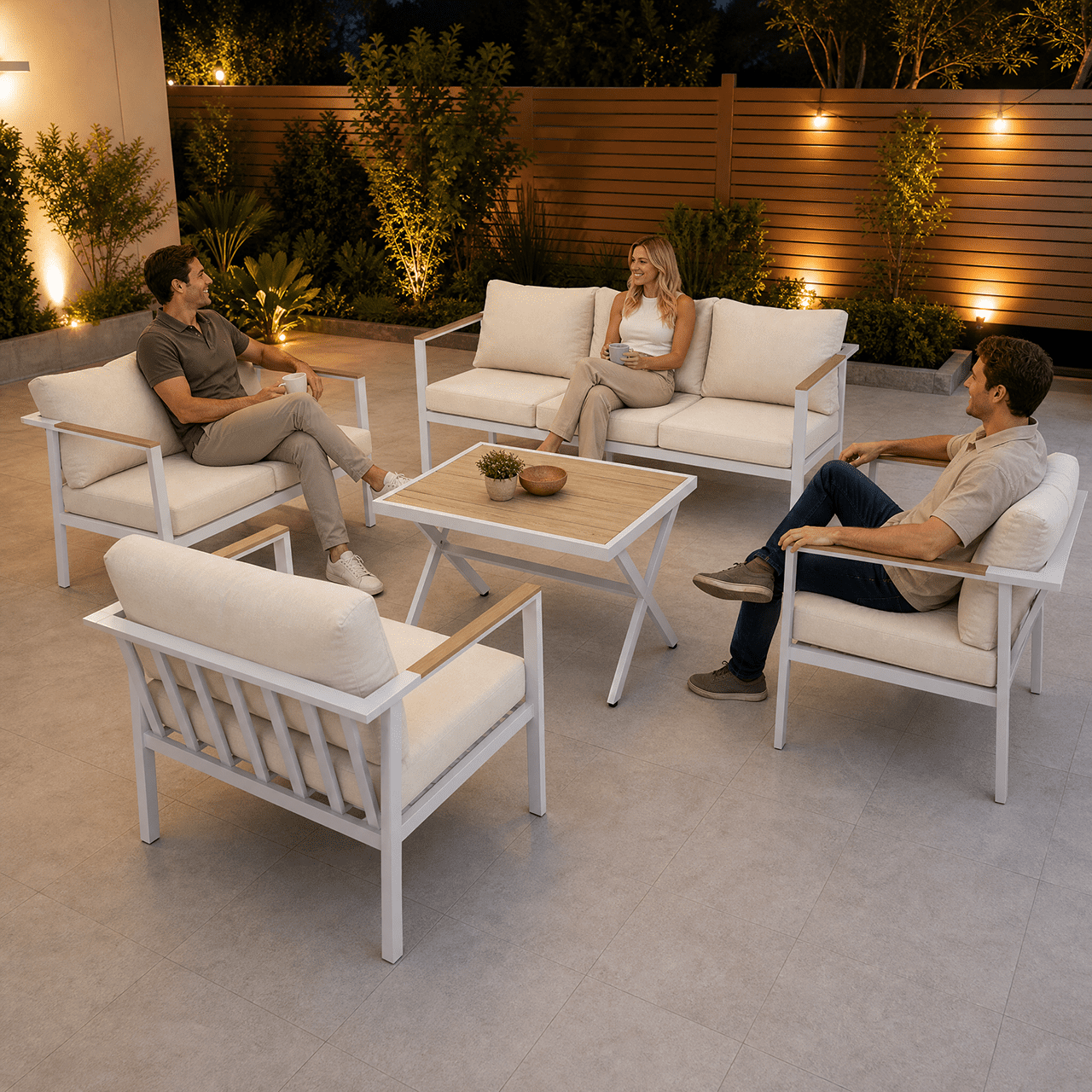 Aluminum Patio Furniture Set with Slim Armrests,7 Seat Modern Outdoor Conversation Set with Cushions and Coffee Table,Metal Patio Sofa Set White