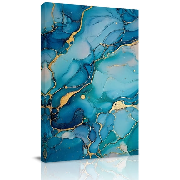 Canvas Wall Art, Modern Turquoise Framed Canvas Prints for Living Room Office, Abstract Teal Gold Marble Textured Extra Large Gallery Wrapped Wall Decor for Home Office, Gifts, 24"x32" Ship Next Day