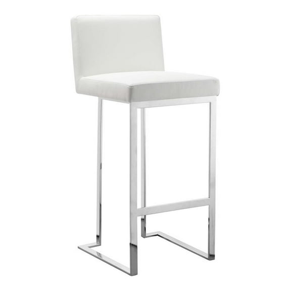 Pemberly Row 30" Modern Faux Leather & Polished Steel Bar Stool in White